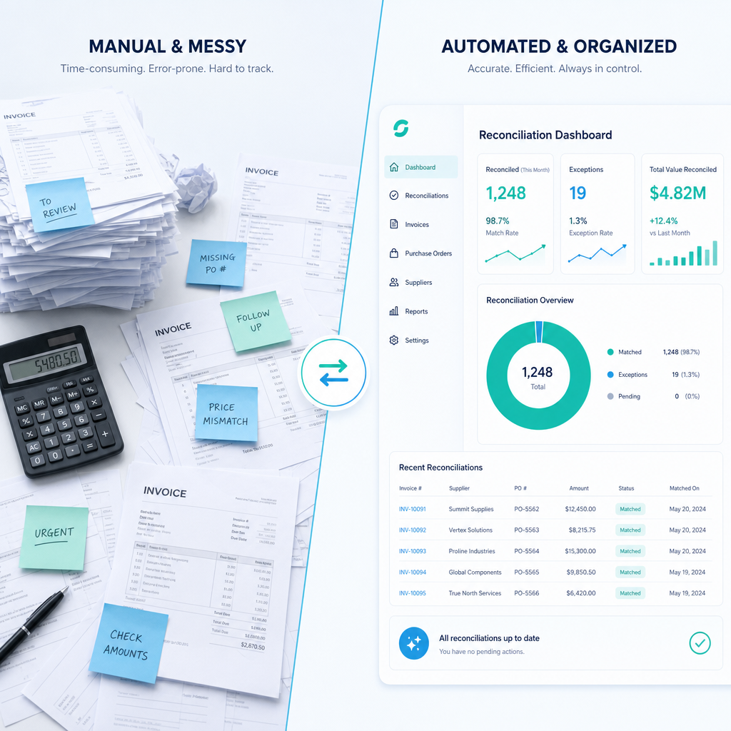Comparison of a messy manual paper invoicing process and a clean digital automated system