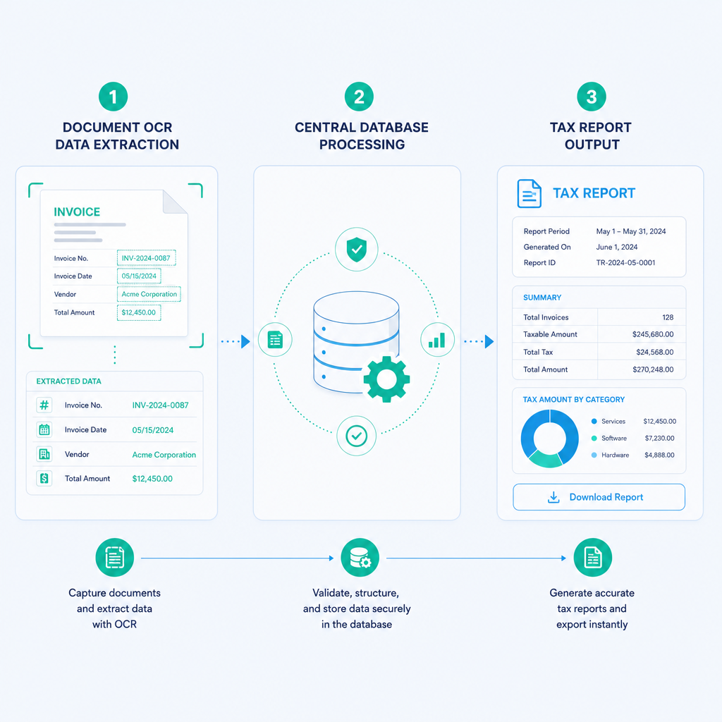 Three-step flow chart of automated tax data processing