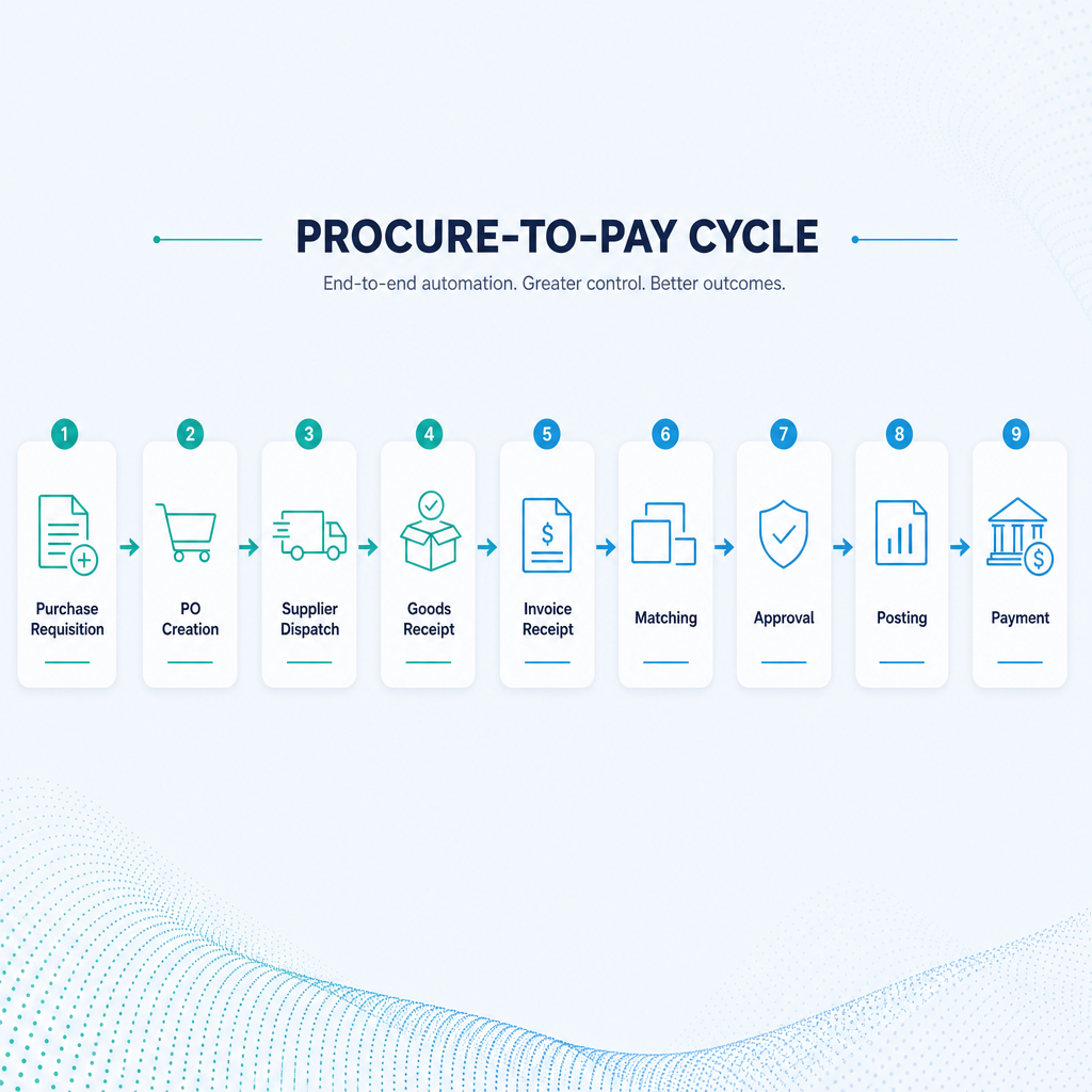 Procure-to-pay cycle diagram showing nine stages from purchase requisition through to supplier payment