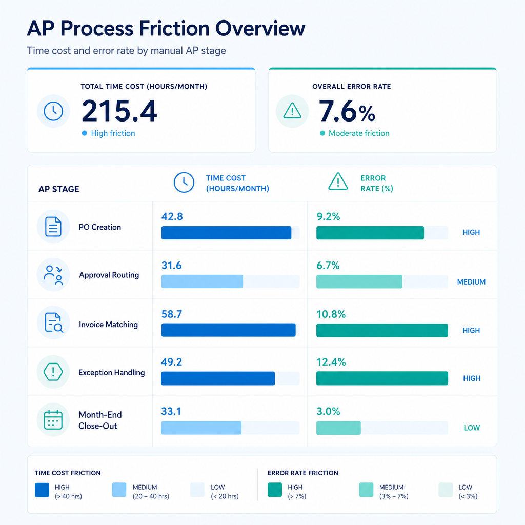 Bar chart comparing time cost and error rate across five manual accounts payable process stages