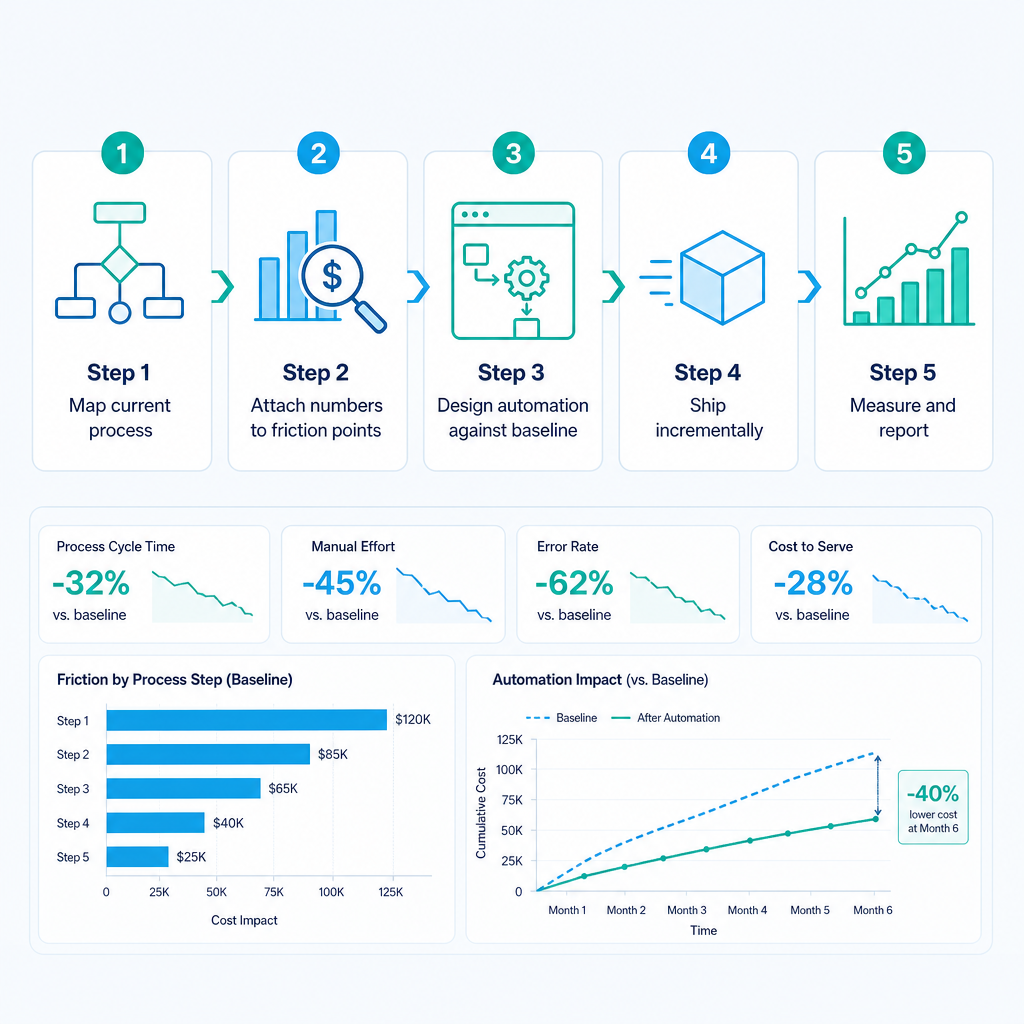 Five-step process diagram for scoping a purchase order automation engagement from mapping to measurement